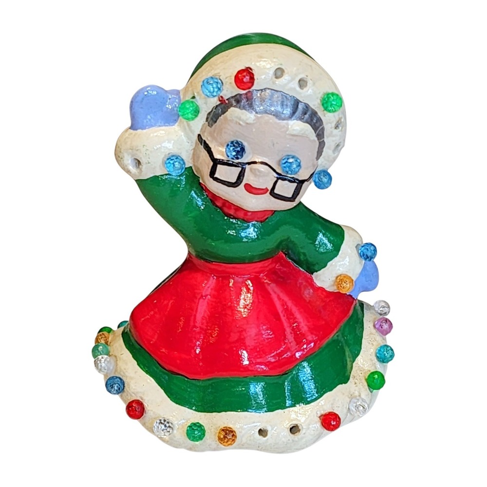🎅Vintage Mid Century Mrs Claus Santa Ceramic Figure With Plastic Jewels 🤶